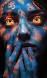 a woman with yellow eyes is pictured in the midst of glowing blue makeup