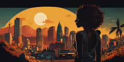 a woman standing next to a city skyline,a painting of a woman looking out at the sun over a city