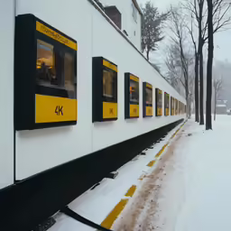 a building sits along the side of a snowy road