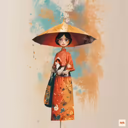 a painting with an asian woman holding an umbrella