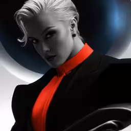 a woman in black suit with red collar and black jacket