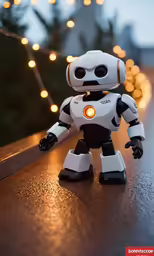 a white and red robot sitting on top of a wooden table