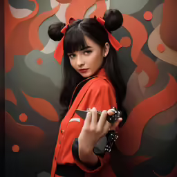 an asian girl in orange is holding something