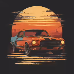 an orange and blue ford mustang in front of a sunset