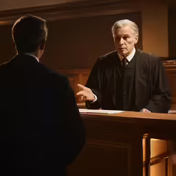judge talking to a male client in a courtroom