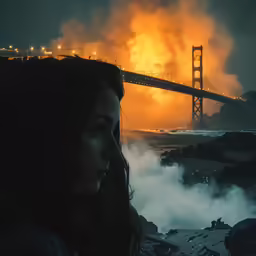 a woman standing in front of the golden gate bridge