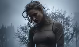 a young girl standing in the middle of the woods