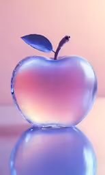 an apple shaped water bottle sitting on a reflective surface