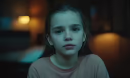 a girl with blue eyes sitting down in the dark