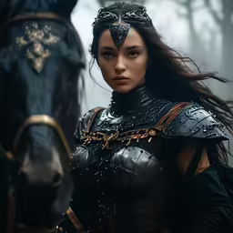 woman in armor riding a horse in the woods