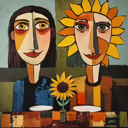 two people looking at each other in front of a sunflower
