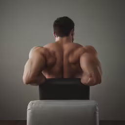 a shirtless male sits on a chair and looks at something