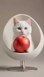 a cat standing and holding an apple in its hand
