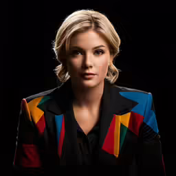 a beautiful blond lady wearing a black and colorful shirt
