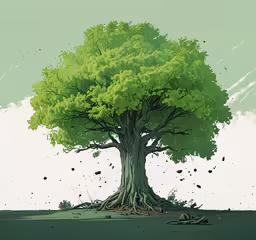 a large tree sitting on top of a green field,a digital painting of a large, green tree with many leaves on its trunk