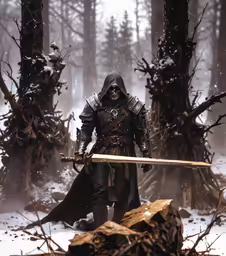 man with sword walking in snow with huge rocks