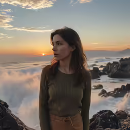 a woman stands by the sea as the sun sets