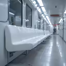 subway train compartment with empty seat and man walking down hallway