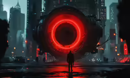 a man standing in the middle of a city