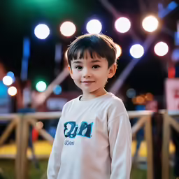 the child poses in front of a lighted scene