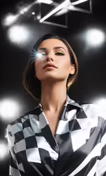 a woman is standing in the spotlight on a wall
