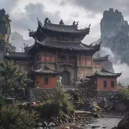 the asian building is near the mountain lake