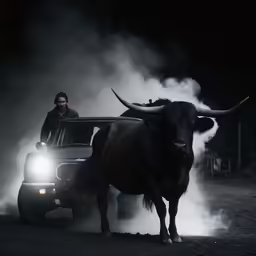 man behind the pickup truck beside a bull in the mud