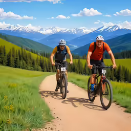 two bikers on a dirt trail between grass and trees