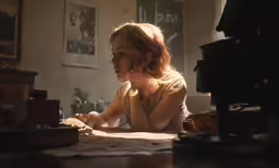 the woman is sitting at a table working on some paper