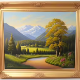 a painting of a country lane in the mountains,a painting of a mountain valley with green grass and flowers