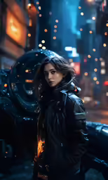 the young woman is dressed in all black with a black jacket