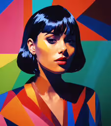a painting of a woman wearing multi - colored dresses,a digital portrait of a woman with blue hair