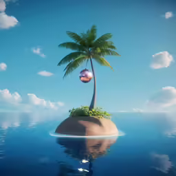 an island in the middle of the ocean that has a palm tree on it