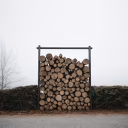 large piles of cut up trees in front of a hedge