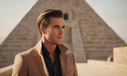 a man wearing a suit standing near a structure with an old style clock