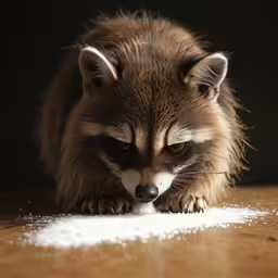 a raccoon is on the ground with snow