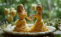 two little statues in dresses are dancing together