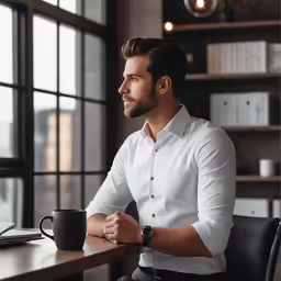 the handsome man is drinking tea while sitting at his desk