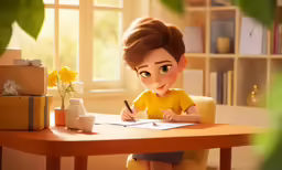 cartoon girl looking at papers on table in living room