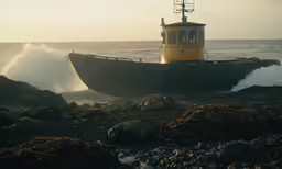 a fishing boat on a rocky shoreline next to the water