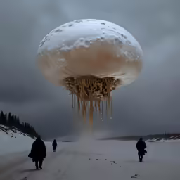 a giant mushroom shaped object over an asphalt road