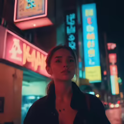 a woman in front of a building with neon signs on it