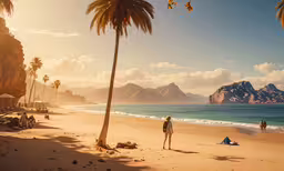 an image of a beach with palm trees and mountains,two people walking on a beach and the sun shining in the distance