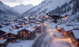 a city is shown with snow covering the hillside