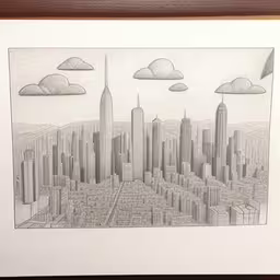 drawing with colored pencils of a city skyline,a drawing on paper of cityscapes in a wood frame