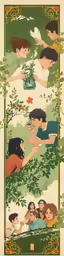 two boys and an older boy are in a field with flowers