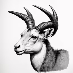 an animal with long horns standing next to a white wall