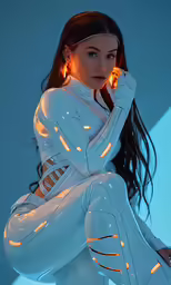 a woman is sitting down wearing futuristic clothing