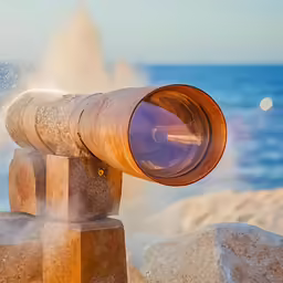 an old telescope being used to observe the ocean waves