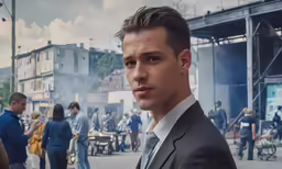 a man wearing a black jacket and tie stands in front of an outdoor crowd